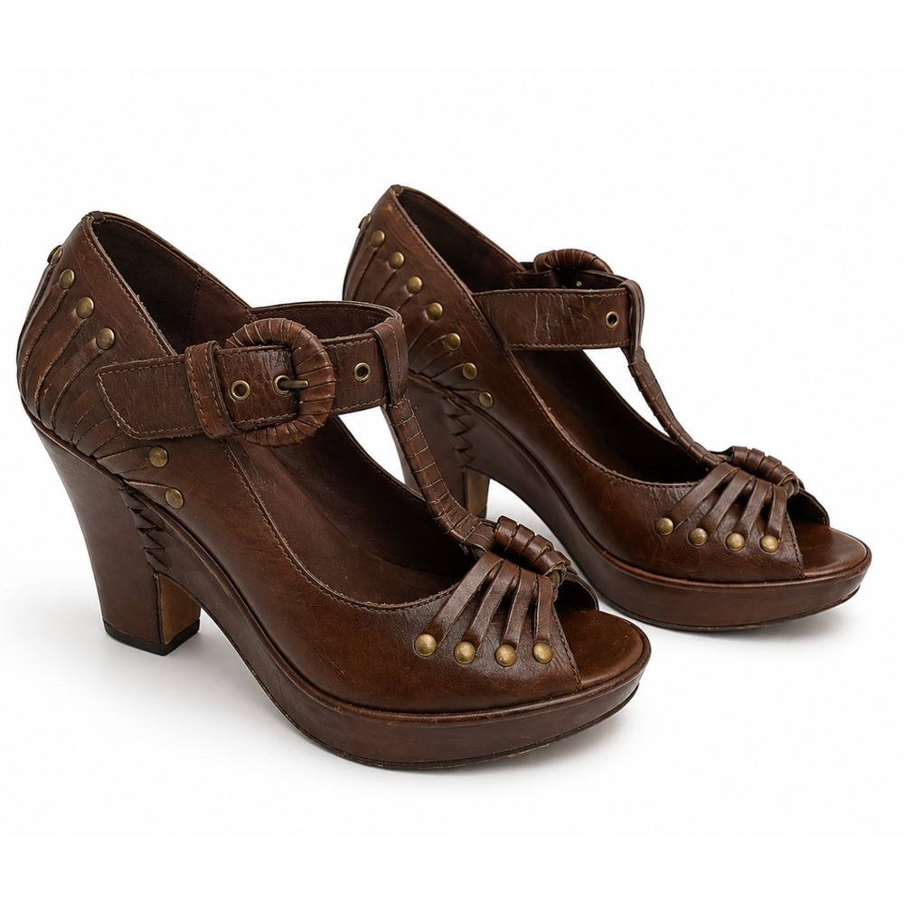 Frye Vintage Studded Mary Jane T-Strap Platform Heels in Brown Leather sz 8